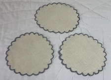 Vintage Lot Of Three Doilies, Linen, Antique White W/ Blue Scalloped Edges