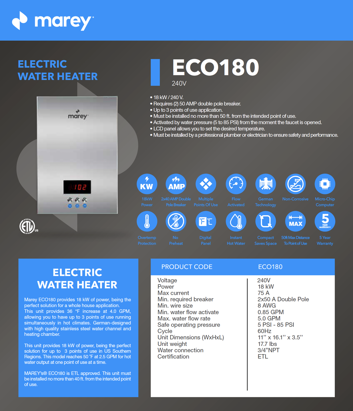 Electric Tankless Water Heater 18 kW / 4.4 GPM / ETL / 220-Volt – ECO180 –  IBBY