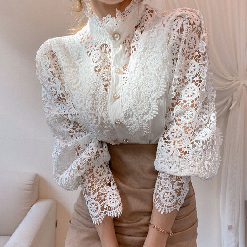 Lady Lace Floral Hollow Out Shirt Long Puff Sleeve Loose Tops Button Chic  Blouse