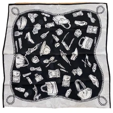 Vintage Talbots Black & White Silk Scarf Shopping Motif Neckerchief Monochrome