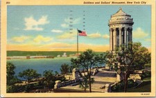 Soldiers Sailors Monument New York City American Flag Linen Birds View Postcard