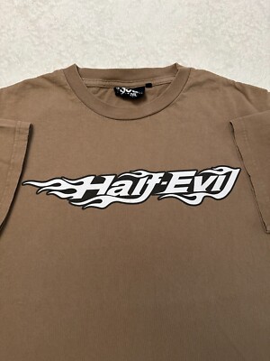 2000s Y2K Half Evil 333 Flame Logo Early Tag Streetwear Graphic T-Shirt, Brown L