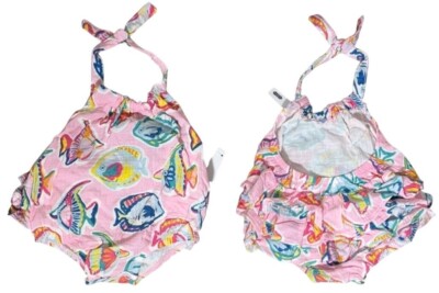 Mud Pie 6-9m NWT Rainbow Fish bubble pink cotton gauze halter neck beach summer