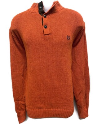 Chaps 3-Button Pullover Mock Neck Sweater Men's Large Burnt Orange Brown  Elbow