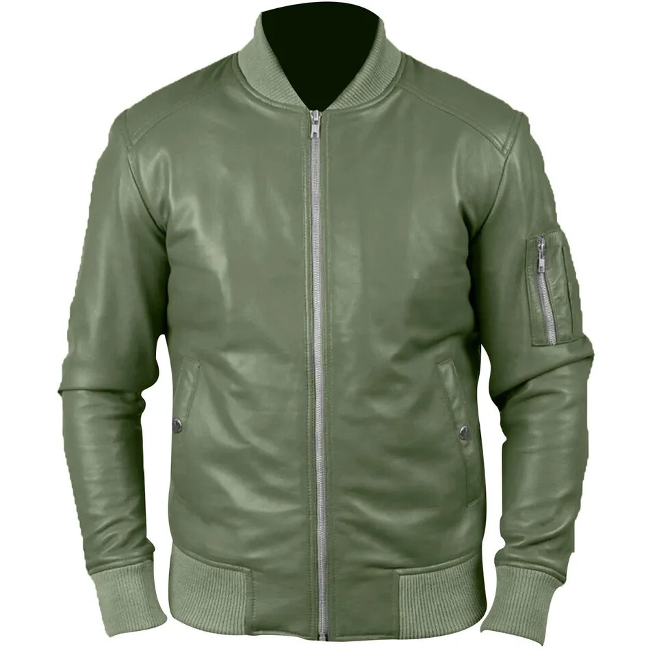 Olive Green Men's Genuine Leather Jacket Soft Lambskin Bomber