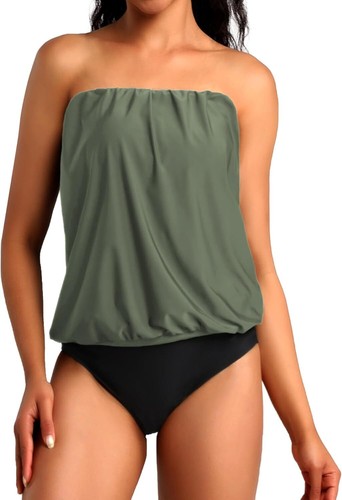 Two Piece Bandeau Tankini Swimsuits for Women Loose Blouson Swim Top Size S-3XL - Picture 9 of 138