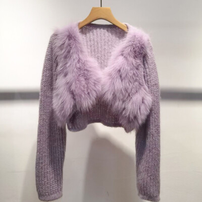 Autumn Womens Real Fox Fur Trim Knit V Neck Cardigan Sweater Cropped Coat Jacket