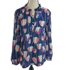 Talbots Blouse Womens XS Navy Pink Tulip Floral Print Long Sleeve Ruffle Neck