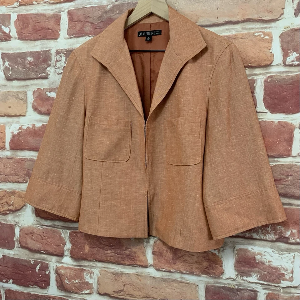 Chaqueta Blazer Lafayette 148 Mujer Talla 10 Arcilla Marrón Lino Lana Mangas Anchas Foto 3 de 4