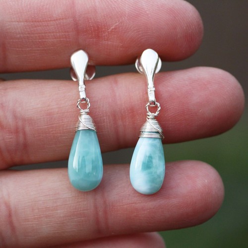 Handmade Wire Wrapped Natural Larimar Earrings Solid Sterling Silver Studs - Picture 5 of 6