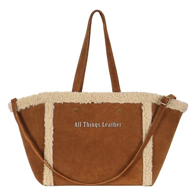 Women's Tan Suede Shearling Leather Tote Bag Handmade Shopper Bag Shoulder  Purse UK
