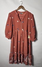 Figueroa & Flower Dress Womens XL Orange Floral Embroidered Boho Henley Midi