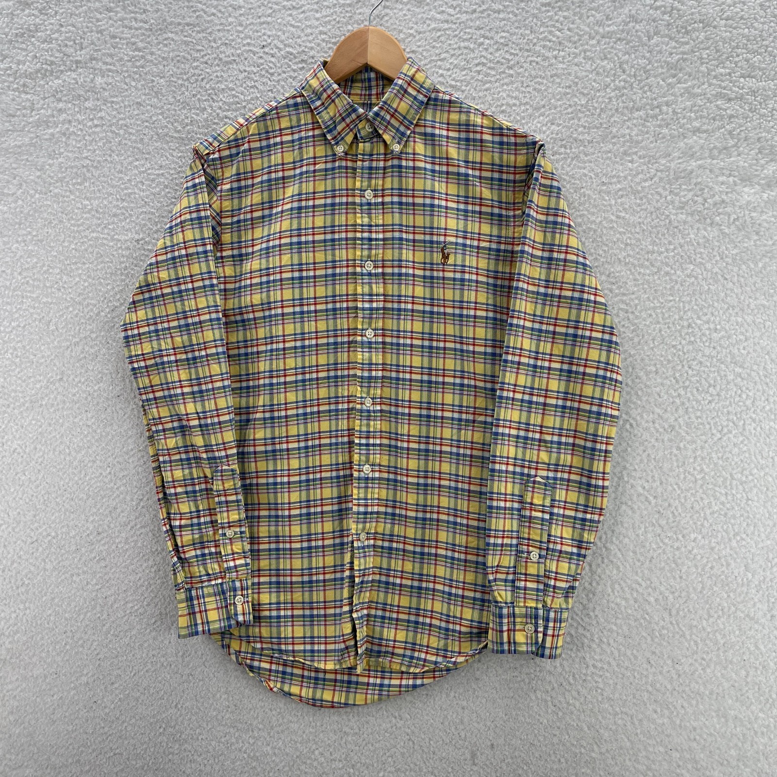 Polo Ralph Lauren Shirt Mens Small Yellow Blue OCBD Oxford Plaid Flesh Pony Ivy