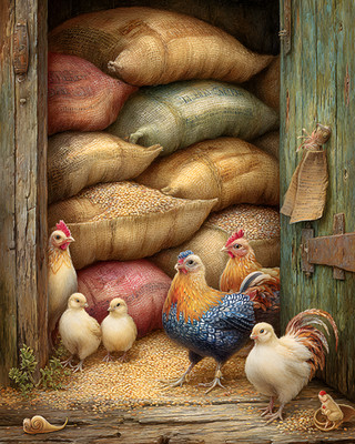 8x10 Cozy Storybook Bunch of Chickens Art Print Classic Illustration - 275140821