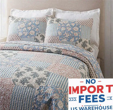 Patchwork Florals And Ticking Stripes 3 Piece Quilt Set Farmhouse Bedding Cover