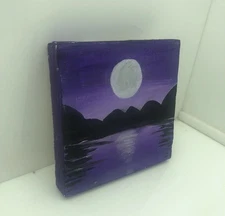 Handmade Acrylic Moonlight Landscape Painting Purple Night Sky & Mountains