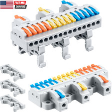 4-Pack DIN Rail Terminal Blocks Lever Wire Connectors 3-in-15-Out, 28-12 AWG Spl