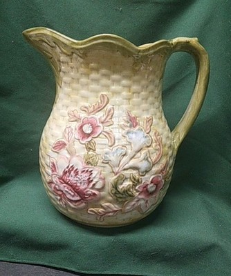 Longaberger Majolica garden pitcher, yellow basket weave, green trim, flowers