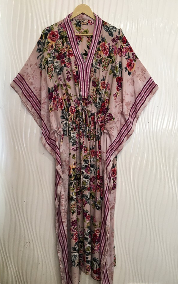 Satin Kaftan Off-White Loose fit Silk Maxi Dress Resort Wear Night Gown MFN1078 thumbnail 5