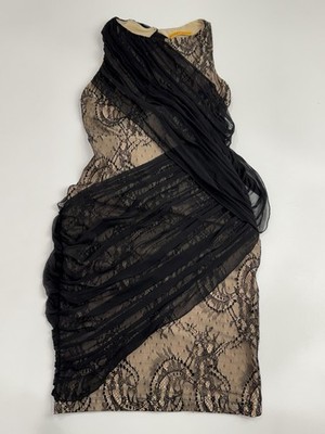 Alice + Olivia Black Lace Nude Bodycon Draped Dress Size S Cocktail Y2K Mini