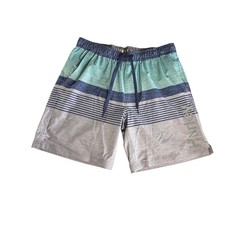 Hurley Mens XL Board Shorts Striped Teal Grey Swim Trunks Mesh Liner Drawstring