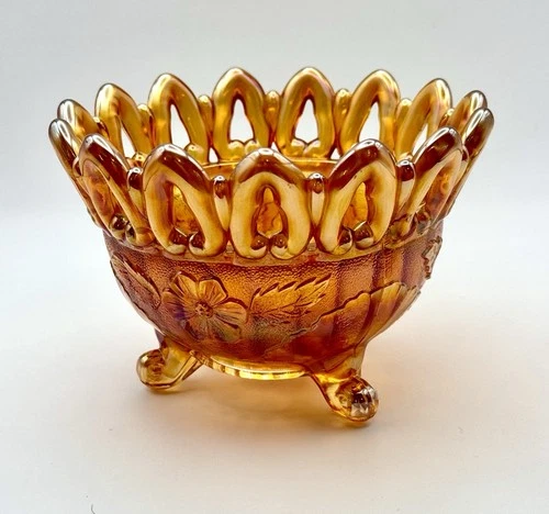 Northwood Wild Rose Footed Nut Bowl Marigold Classic Carnival Glass 5.5” [414]