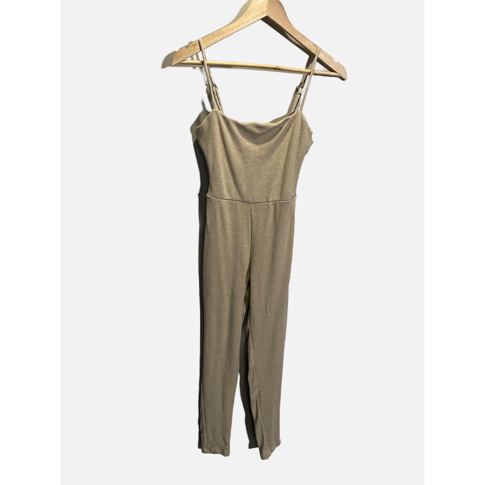 Forever 21 Jumpsuit Womens Small Tan Beige Adjustable Straps Textured Knit Chic