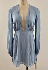 REFORMATION LAUGHLIN NWOT Sz 2 Blue Gray Plunge Neck Long Sleeve SemiSheer Dress