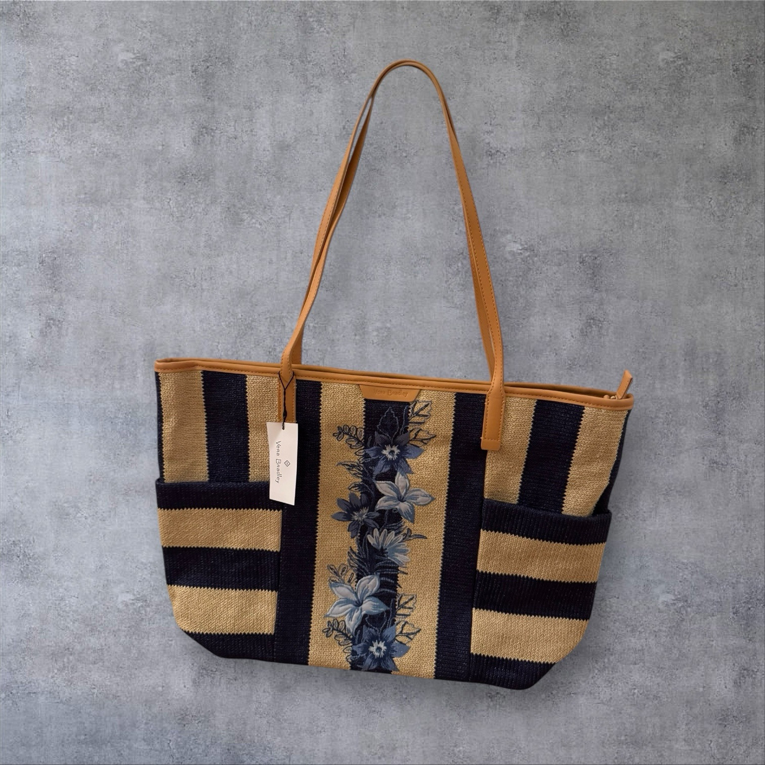 Vera Bradley Navy Stripe Straw Beach Tote NWT  