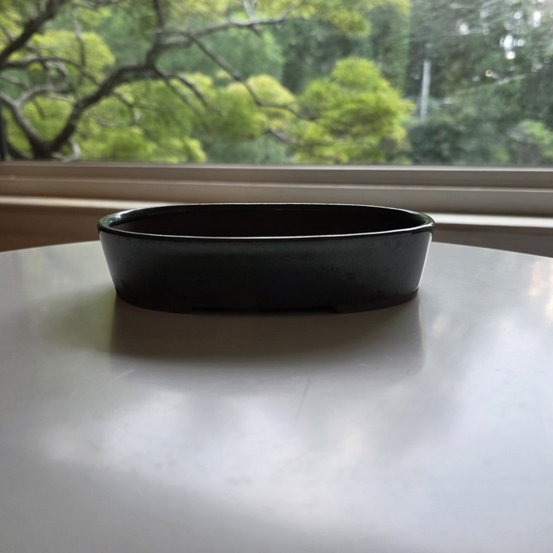 BONSAI POT JAPAN OVAL GREEN GLAZE, ORGANIC, 4 WIDE CURVED FEET