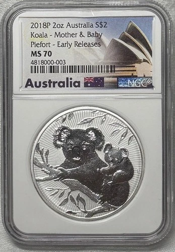 2018P 2OZ AUSTRALIA SILVER 2 DOLLAR KOALA MOTHER AND BABY EARLY RELEASE NGC MS70