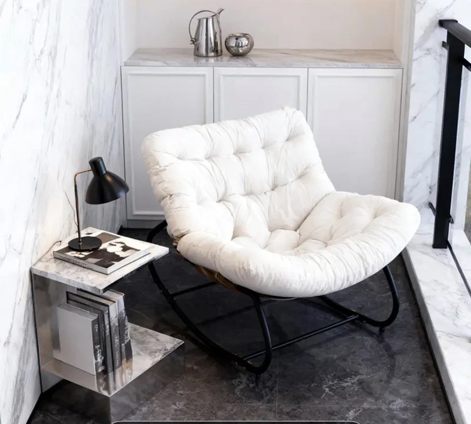 Garden Outdoor Rocking Chair Large Metal Frame Thick Padding Cream White - Image 3 of 4