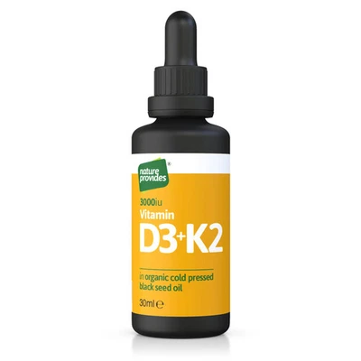NATURE PROVIDES D3+K2 (3000IU) Liquid Vitamin D3 & K2 (MK7) in Organic BlackSeed Oil-30ml