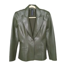 NORMA KAMALI Green Vegan Faux Leather Blazer Pockets Hook and Loop Women's Small