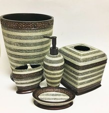 5 PC SET RESIN CREAM+BROWN+GRAY STRIPED TEXTURED SOAP DISPENSER+NAPKIN+TRASH+2