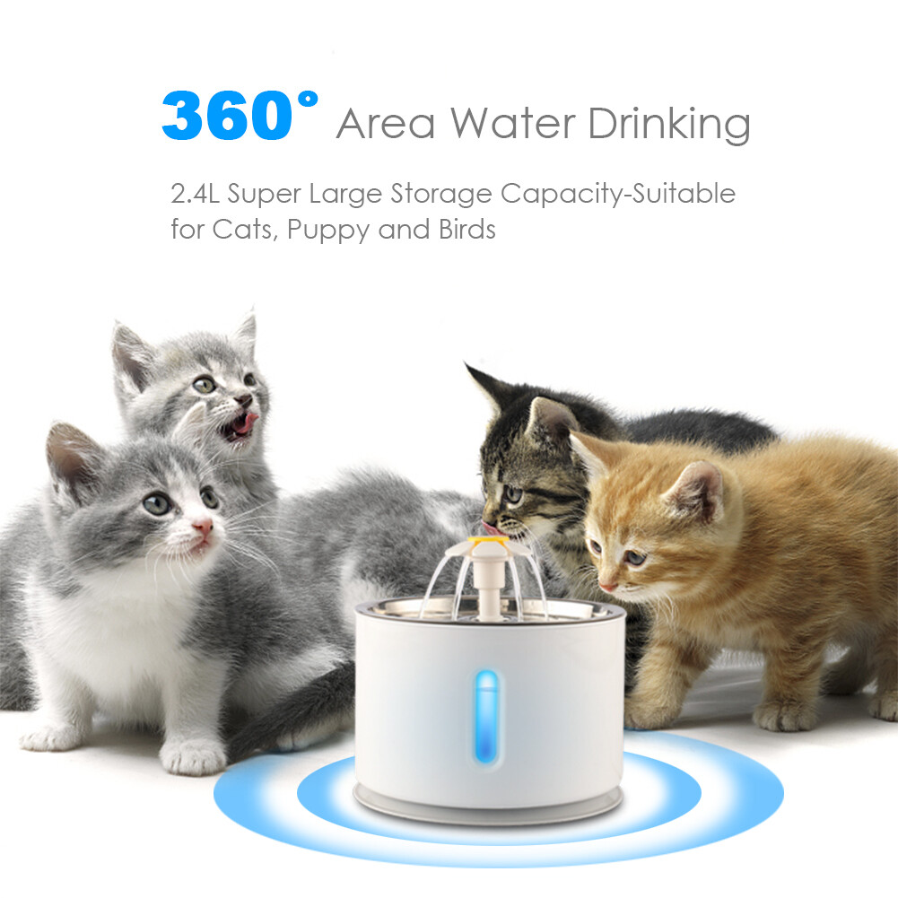 2.4L Stainless Steel Cat Water Fountain Ultra Silent Pet Automatic Drinking Dispenser for Cats Dogs