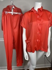 Vintage Henson Kickernick pjs 3 set robe Large 70s Coral Silky Nylon Granny pant