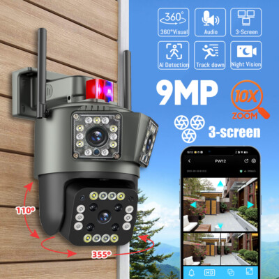3 Lens Camara De Seguridad 9MP HD Wifi Para Casa Exterior Con Vision Nocturna US