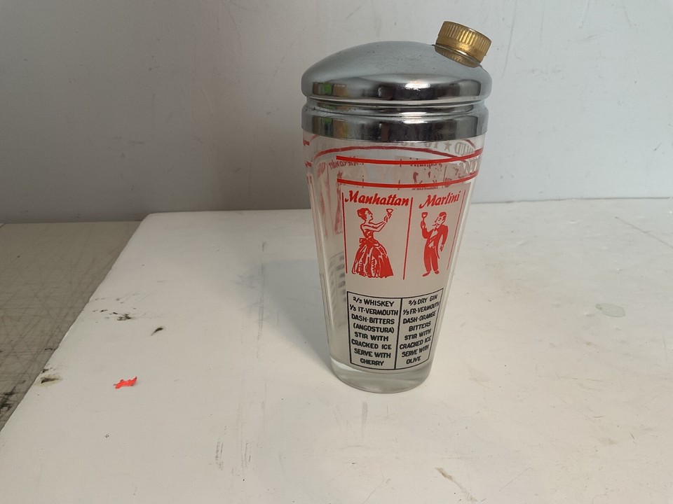 Vintage Mid Century Modern Large Glass and Chrome Cocktail Shaker with Recipes