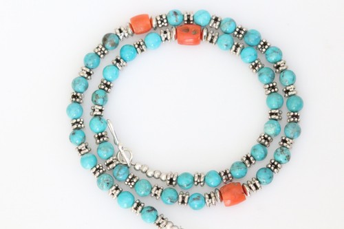 Genuine Yemenite Antique Red Coral, Genuine Iranian Turquoise Beaded Necklace - Picture 3 of 3
