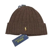 Polo Ralph Lauren Men's Dark Brown Heather Wool Blend Ribbed Cuff Beanie