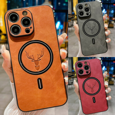 For iPhone 17 16 15 14 Pro Max 13 Leather Deer MagSafe Magnetic Phone Case Cover