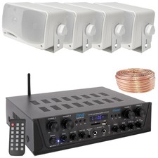 Pyle Bluetooth Amplifier FM Receiver, 4x 3.5" 200W White Mini Box Speakers, Wire