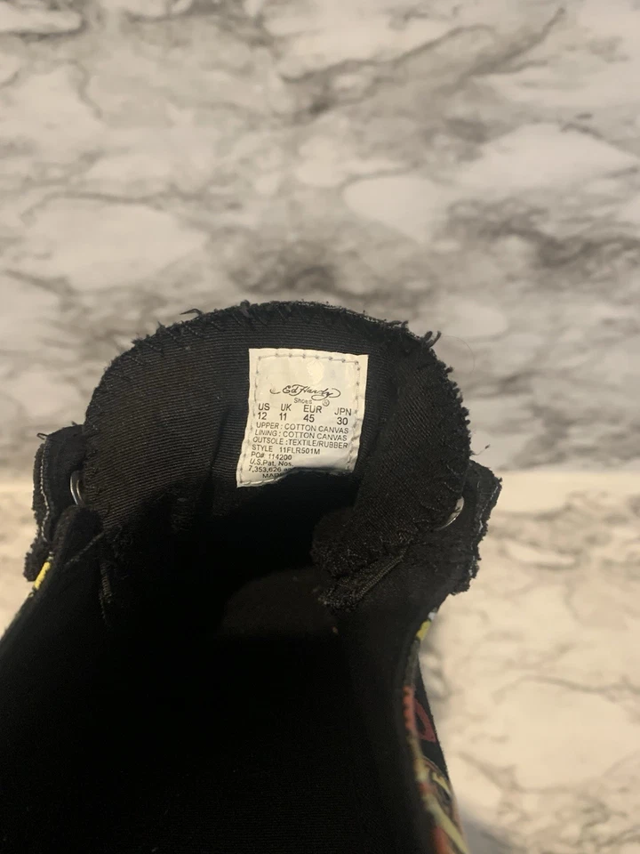 Y2K Ed Hardy 低帮头骨和心形帆布运动鞋男式 12 黑色一脚蹬鞋 — 第 2/4 张图片