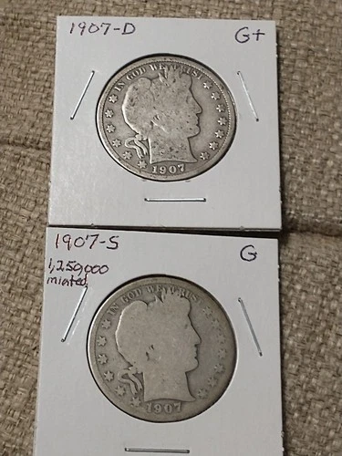 1907-D and 1907-S Silver Barber Half Dollars, Good+/Good Condition