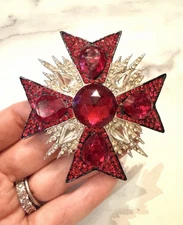 Vintage Jay Feinberg Red Crystal Maltese Cross Brooch