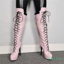 Womens Stiletto Knee High Boots Platform Round Toe Heels Lace Up Shoes Nightclub