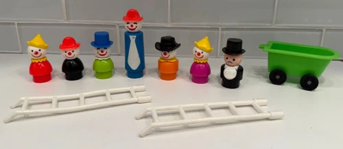 Vintage Fisher Price Little People Lot of Clowns Ringmaster Ladders Wheeled Cart