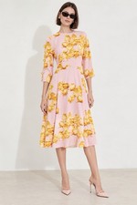 DOLCE & GABBANA Pink Stretch Silk Chick Print Midi Dress Short Sleeve IT 38 XS