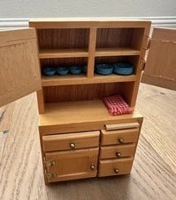 Vintage Concord Miniature Dollhouse Wooden Cupboard Hutch With Dishes And Towel